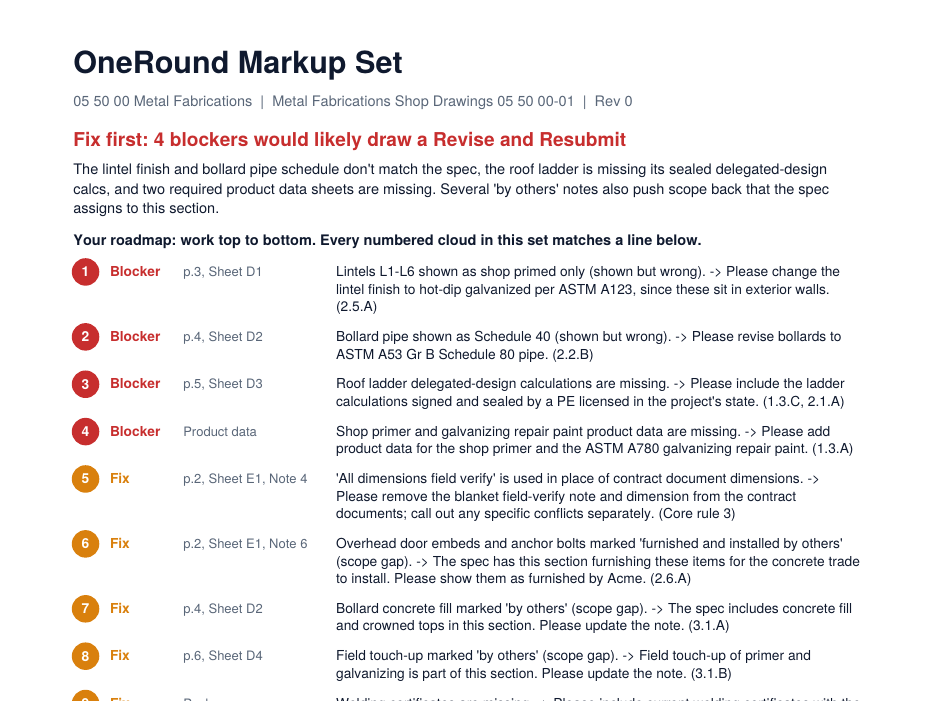 Sample marked-up submittal page